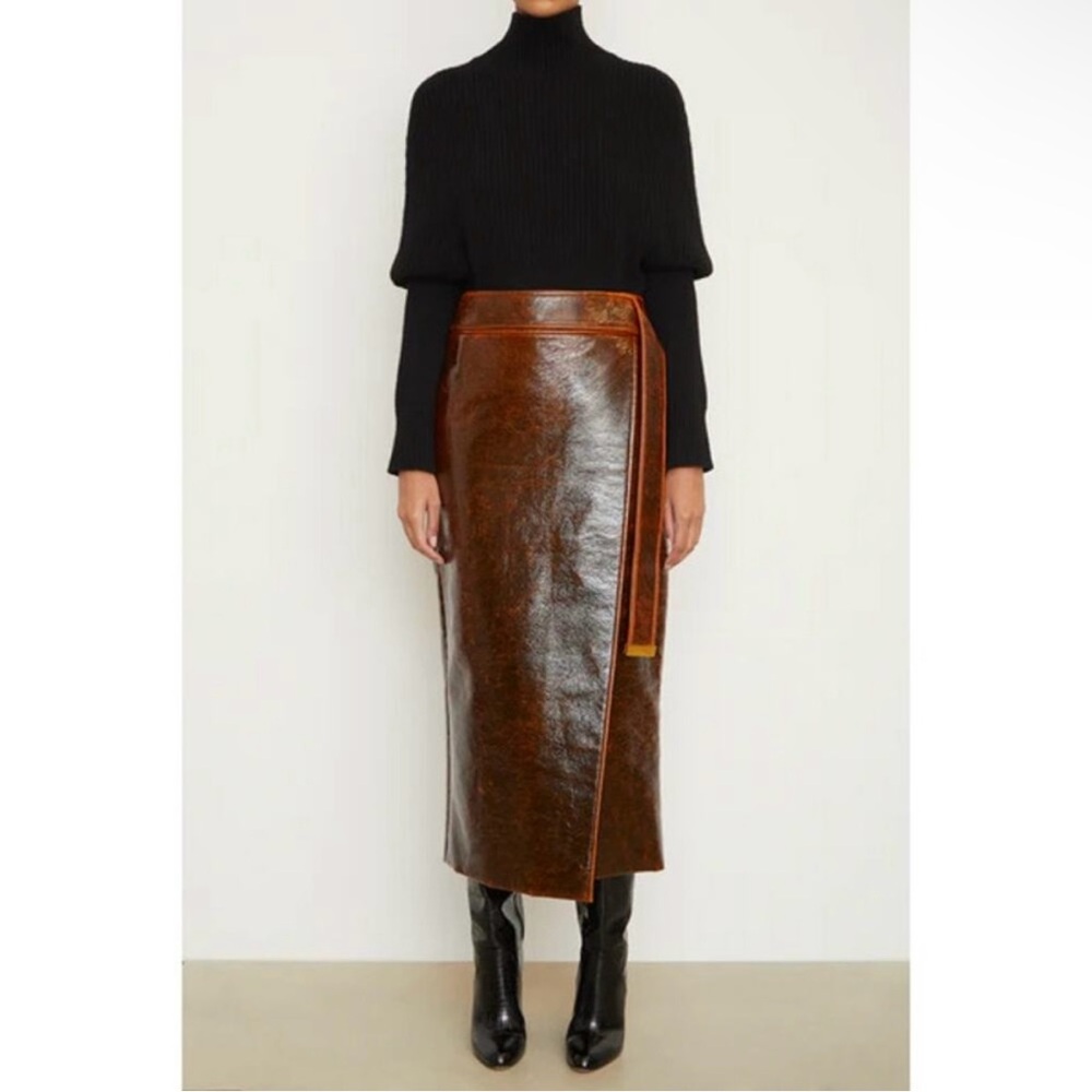 Brandon Maxwell Evelyn Mahogany Brown Maxi Wrap Skirt with Slit - Picture 2 of 12